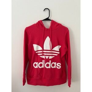 Adidas Originals Logo‎ Print Womens Red Long Sleeve Hoodie Pockets Size XS